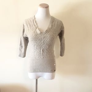 GUESS Knitted V Neck Sweater - Wool and Cashmere Blend, 3/4 Sleeves Grey…
